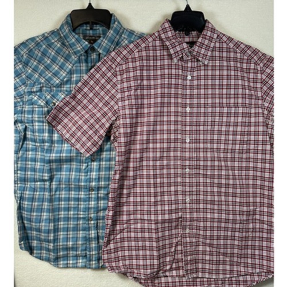 Eddie Bauer Classic Fit Shirts(2) Mens Size Small Blue & Red Plaid Short Sleeve